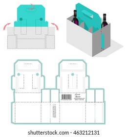 Bottle Carrier Box, Die Cut Template, Carry On Protective design, die-stamping layout pattern, folding, ready handle