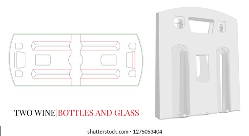 Bottle Carrier Template, Vector with Die Cut,  laser cut lines. Wine Bag, Two Bottles and Glass Carrier, Self Lock, White, clear, blank, isolated Wine Carrier mock up on white background