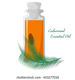 Bottle with cedar oil on a background of branches with a lump