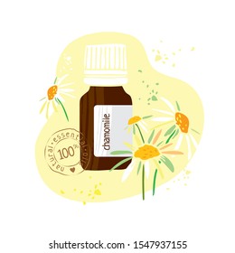 Bottle with chamomile essential oil drawn by hand on a white background. Aromatherapy, cosmetics, folk and alternative medicine. Stamp on bottle natural essential oil. Cute cartoon Vector illustration