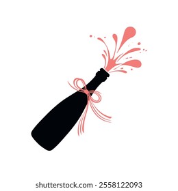 Bottle of champagne with a bow, silhouette vector illustration isolated on white. Champagne spray icon. Coquette vintage style. Festive design element. Alcoholic beverages, wine, explosion.