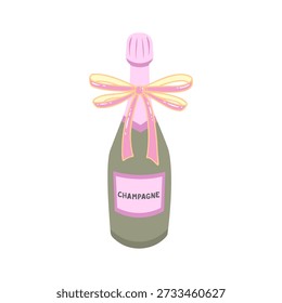 Flasche Champagner mit Schleife. Vektorgrafik für Druck, Hintergründe, Umschläge und Verpackungen. Das Bild kann für Grußkarten, Poster, Aufkleber und Textilien verwendet werden. Einzeln auf weißem Hintergrund.