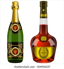a bottle of champagne and of brandy on a white background vector