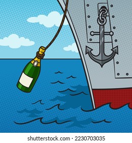 botella de champán se rompe a un lado del nuevo barco pinup pop art retro ilustración vectorial. La imitación al estilo de un libro de historietas.