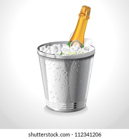 Bottle champagne in a bucket with ice on the white Vector illustration