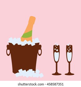 bottle Champagne in a bucket with ice and two glasses against pink background, abstract vector art illustration