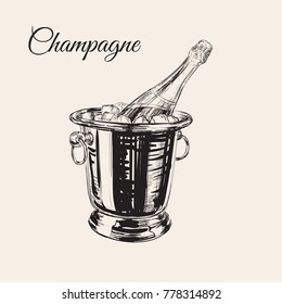 A bottle of champagne in a bucket with ice. Vector drawing by hand