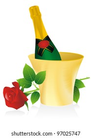 bottle of champagne in a bucket and rose