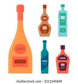Bottle of champagne cognac schnapps vodka liquor. Icon bottle with cap and label. Graphic design for any purposes. Flat style. Color form. Party drink concept. Simple image shape. Vector.
