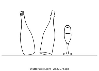Botella de champán continuo de una línea de dibujo y contorno aislado simple año nuevo icono de Vector