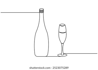 Botella de champán continuo de una línea de dibujo y contorno aislado simple año nuevo icono de Vector