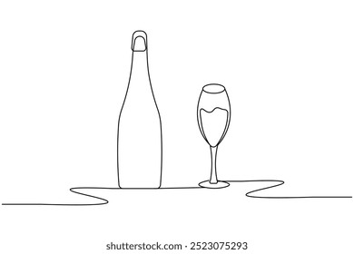 Bottle of champagne continuous one line drawing and isolated outline simple new years vector icon