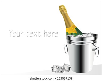 bottle of champagne in cooler with ice cubes (with sample text)
