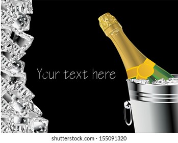 bottle of champagne in cooler with ice cubes (with easy removable sample text)