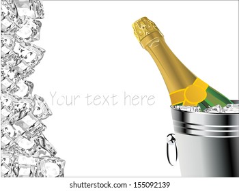 bottle of champagne in cooler with ice cubes (with sample text)