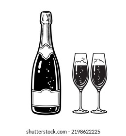 Bottle of champagne and couple of glasses full of sparkling wine. Hand drawn vector illustration isolated on white background.