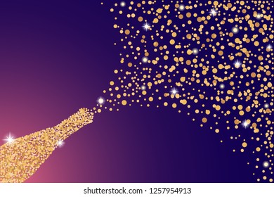 A bottle of champagne exploding with golden sparks and confetti on a purple background. Greeting card for the new year. Eps 10