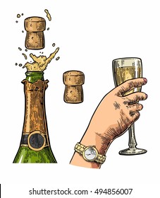 Bottle of Champagne explosion with cork and hand hold glass. Vintage color vector engraving illustration for web, poster, invitation to beer party. Hand drawn design element isolated white background