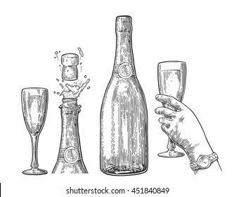 Bottle of Champagne explosion and hand hold glass. Vintage vector engraving illustration for web, poster, invitation to beer party. Drawn design element isolated on white background.