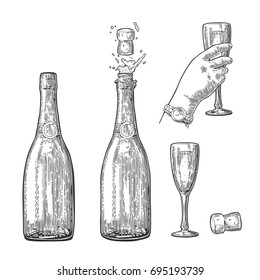 Bottle of Champagne explosion and hand hold glass. Vintage black vector engraving illustration for web, poster, invitation to party. Hand drawn design element isolated on white background.