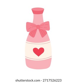 A bottle of champagne features a pink bow and a heart design on its label. It stands on a plain background, showing a simple and charming design.