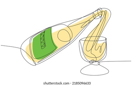 A bottle of champagne filling a glass in one line on a white background. Stock vector illustration of an alcoholic drink with the concept of celebration and success.