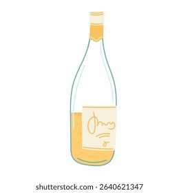 Bottle with champagne in flat cartoon design. Elegant glassware with dessert wine, delicious beverage or cocktail with fruit juice. Refreshing drink in summer bar. Vector illustration isolated.
