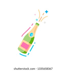 Bottle of champagne flat color icon.  Christmas, new year, birthday celebration vector illustration, background. Alcohol products. Sign for web page, mobile app, banner, social media. 