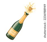 Bottle of champagne with flying cork vector illustration. Cartoon isolated elegant bottle with gold label for Happy Birthday, Christmas and New Year greetings, splashes explosion of sparkling wine