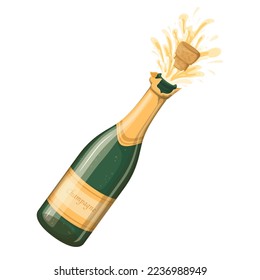 Bottle of champagne with flying cork vector illustration. Cartoon isolated elegant bottle with gold label for Happy Birthday, Christmas and New Year greetings, splashes explosion of sparkling wine