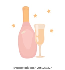 A bottle of champagne and a glass. Celebration, party, birthday, wedding. Isolated vector colorful element on a white background. 