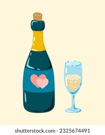 Bottle of champagne with a glass filled with champagne. Glass and bottle with white sparkling wine. Design for greeting card, print, sticker. Christmas, Xmas, valentine's day, birthday and New Year.