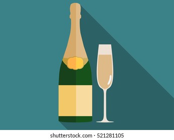 Bottle of champagne with a glass in a flat style. Vector illustration.