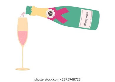 A bottle of champagne and a glass. Pour champagne into a glass. Vector illustration