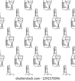 a bottle of champagne and the glass seamless vector pattern isolated