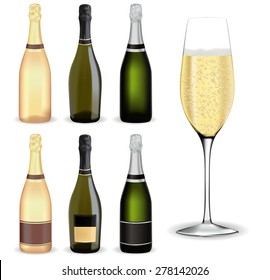 Bottle of champagne and Glass of champagne or sparkling wine - vector isolated