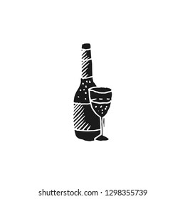 a bottle of champagne and the glass vector doodle sketch isolate