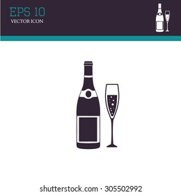 A bottle of champagne and a glass vector icon.