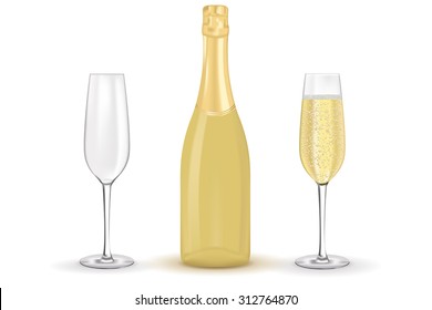 Bottle of champagne and a glass.  Vector isolated on white.