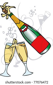 Bottle of champagne with glasses