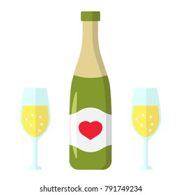 Bottle of champagne with glasses flat icon, valentines day and romantic, alcohol sign vector graphics, a colorful solid pattern on a white background, eps 10.