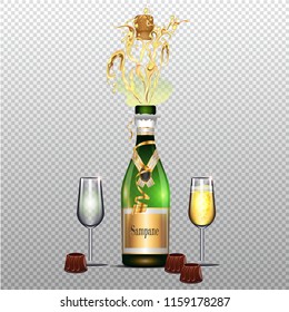 Bottle of champagne with glasses flat poster on transparent background