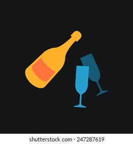 A bottle of champagne and glasses. Icon.
