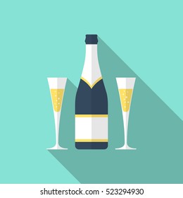 Bottle Of Champagne And Glasses. Illustration In A Flat Design Style