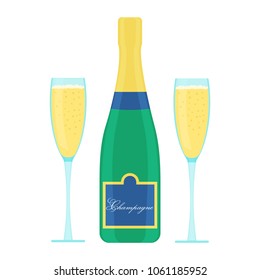 Bottle of champagne and glasses. Party or romantic evening symbol. Vector illustration