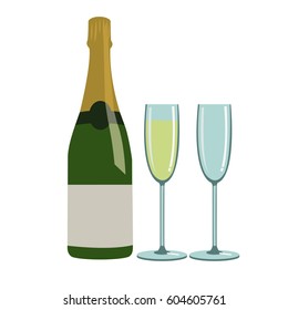 bottle of champagne and glasses. bottle of champagne and two glasses for champagne
