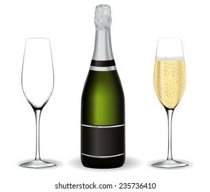 Bottle of champagne with glasses - vector drawing isolated