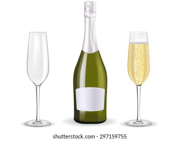 Bottle of champagne with glasses. Vector drawing isolated on white background