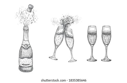 Bottle of champagne. Champagne glasses. Vector illustration of hand drawing.