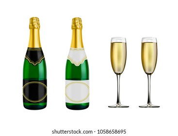 A bottle of champagne and glasses.Vector illustration isolated on white background.New Year's champagne glasses in vector on a white background.